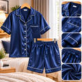 ชุดนอนเสื้อแขนสั้น-กางเกงขาสั้น ชุดนอนผ้าซาติน สีน้ำเงิน