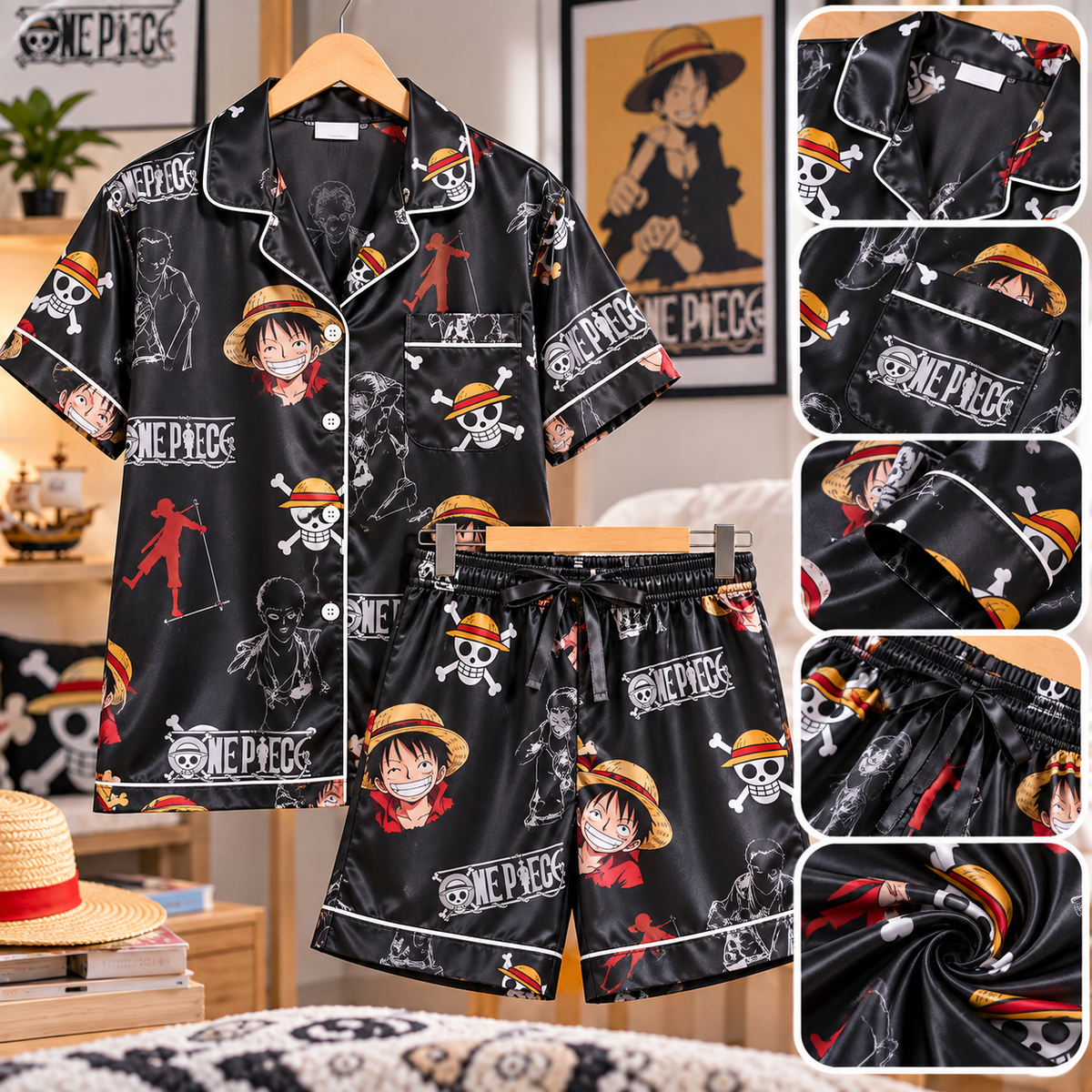 ชุดนอนผู้ชายเสื้อแขนสั้น-กางเกงขาสั้น ลายวันพีชสีดำ