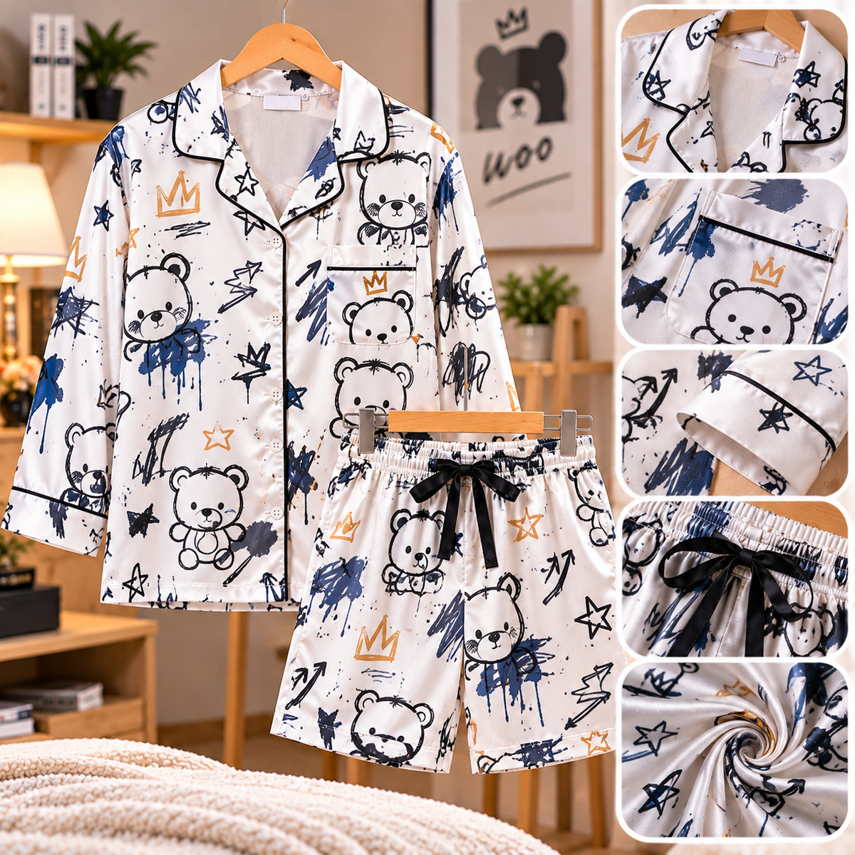 ชุดนอนผู้ชายเสื้อแขนยาว-กางเกงขาสั้น ลายกราฟฟิกสีขาว